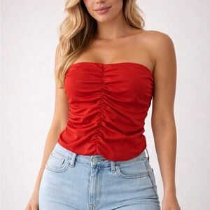 Red Ruched Strapless Tube Top Fitted Summer Crop